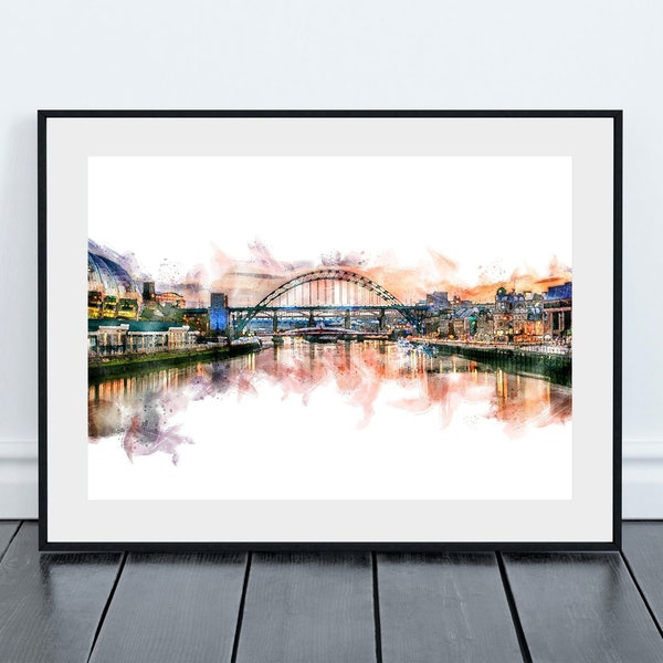 The Quayside and Tyne Bridge Fine Art Print, Watercolour Effect, Newcastle and Gateshead.