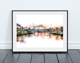 The Quayside and Tyne Bridge Fine Art Print, Watercolour Effect, Newcastle and Gateshead.