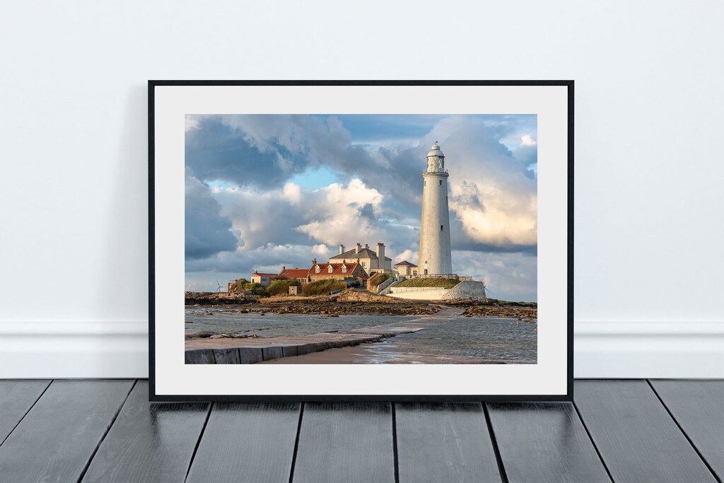 Artery8 Biglietto D'Auguri Bianco Con Tramonto Sul Mare E Faro Di St Mary's, Whitley Bay, Formato 17,5x12,5 Cm, Con Busta