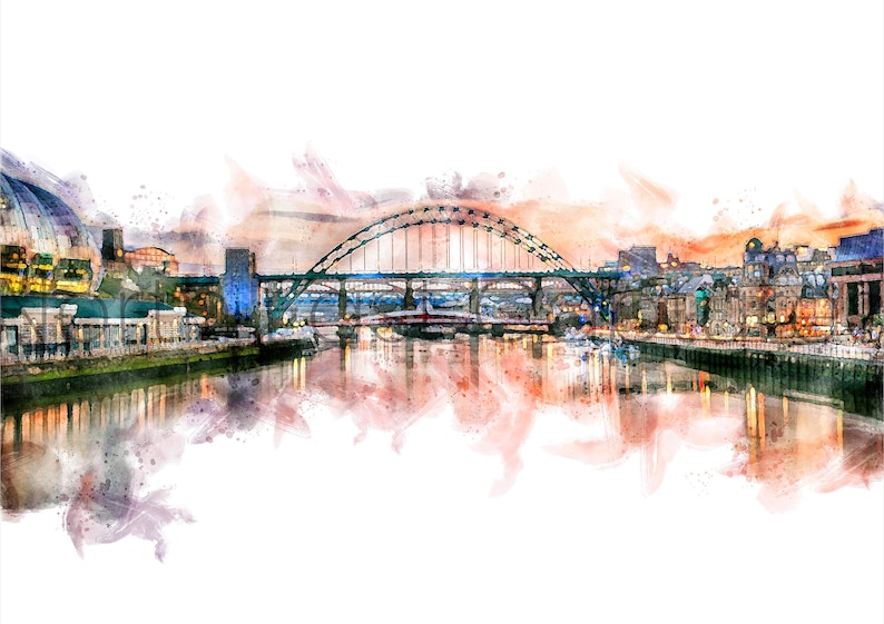 The Quayside and Tyne Bridge Fine Art Print, Watercolour Effect, Newcastle and Gateshead. image 6