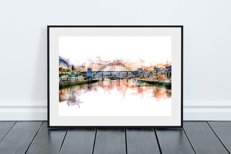 The Quayside and Tyne Bridge Fine Art Print, Watercolour Effect, Newcastle and Gateshead. image 1