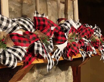 Christmas Garland, Burlap Plaid Bows, Holiday Decor