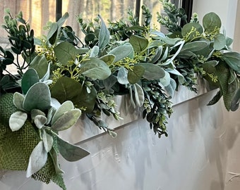 Garland Greenery, Garland decor, Eucalyptus Garland, Seeded Eucalyptus & Frosted, Lambs ear garland, Table centerpiece, Mantel garland.4 FT