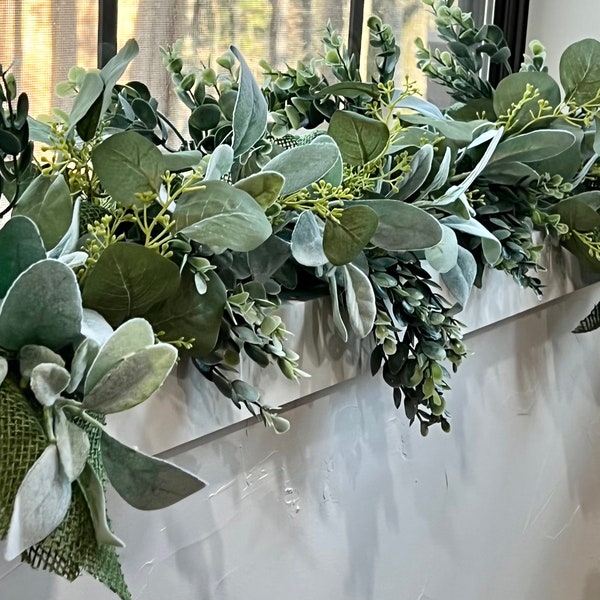 Garland Greenery, Garland decor, Eucalyptus Garland, Seeded Eucalyptus & Frosted, Lambs ear garland, Table centerpiece, Mantel garland.4 FT