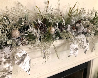 Flocked Christmas Garland, Pine Cones, Silver Ornaments