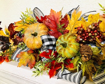 Fall Table Garland, Pumpkins, Buffalo Plaid Bows (6ft Garland)