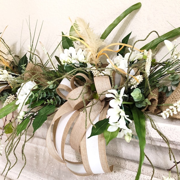 Eucalyptus Garland: Artificial Spring Blooms, Linen Ribbon & Feathers