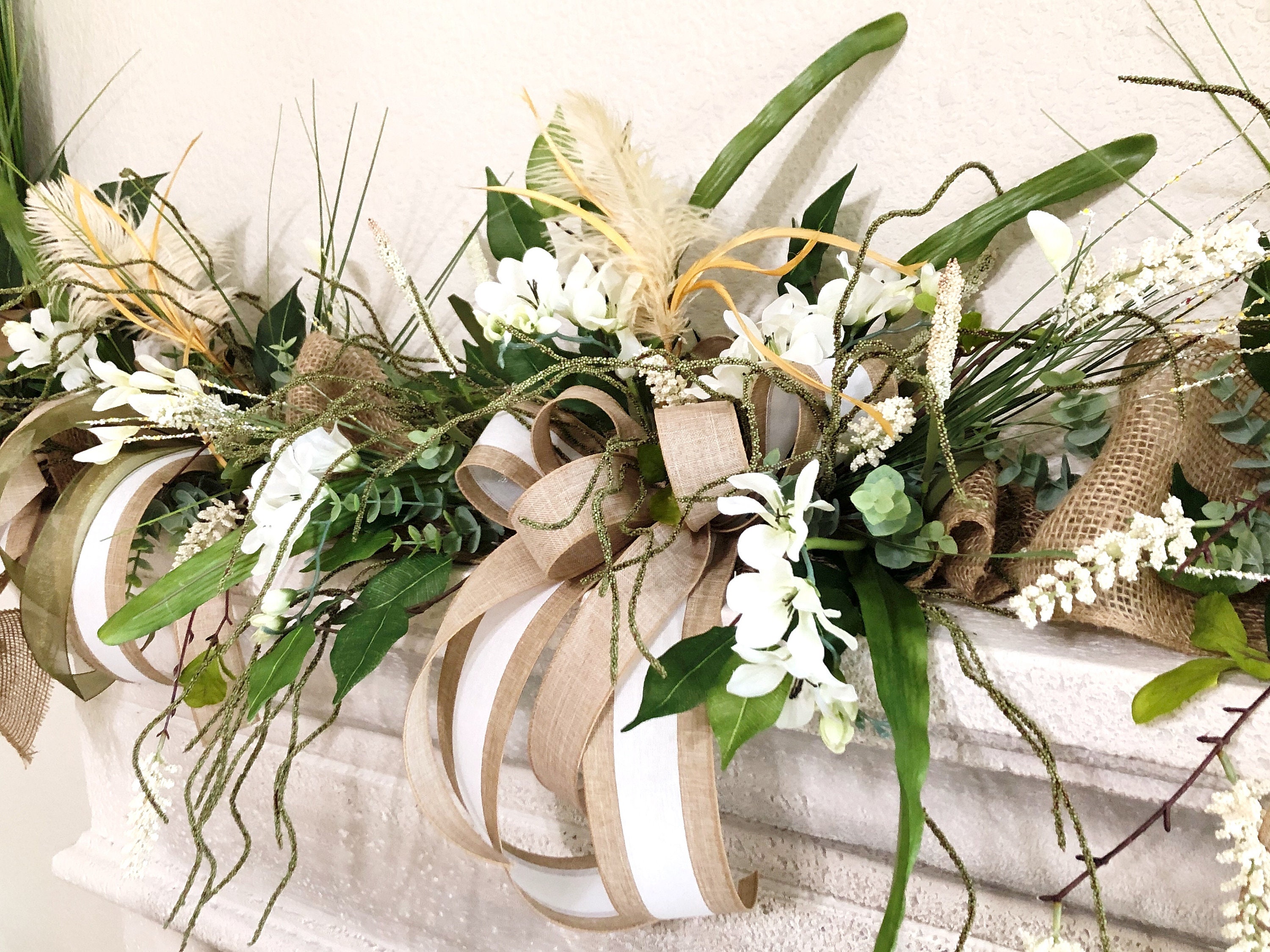 Eucalyptus Garland: Artificial Spring Blooms, Linen Ribbon & Feathers
