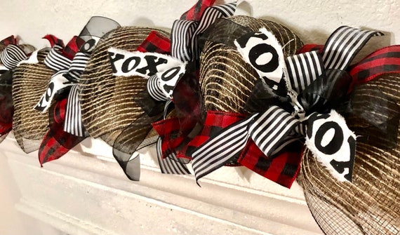 Valentine's Mantel Garland: Buffalo Plaid & Striped Ribbon Decor