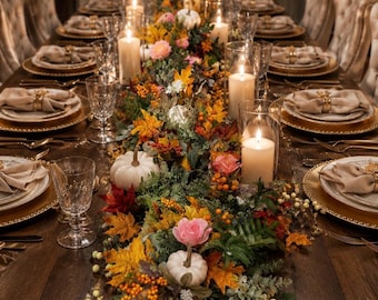 Fall Table Garland, Roses, Pumpkins, Eucalyptus, Berries, Thanksgiving Decor