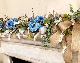 Blue Hydrangea Burlap Garland: Spring Mantel Table Centerpiece