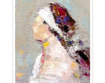 May include: A painting of a woman with a white head scarf and a colorful patterned scarf. The woman is looking up and to the right. The painting is done in a loose, impressionistic style.