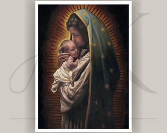May include: A vertical rectangular print depicting a person with dark hair wearing a teal head covering adorned with gold stars, holding a small infant wrapped in white fabric. The background features a dark, textured, radiating sunburst pattern.