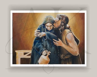 May include: A painting depicting two figures in an embrace against a warm, golden-brown background. One figure wears a dark hooded cloak and holds a small, light-colored ceramic jug. The other figure has long hair and wears a simple sleeveless garment.