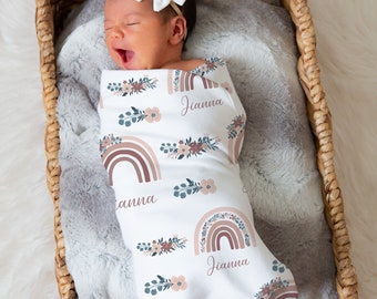 Boho Rainbow Floral Swaddle Blanket, Custom Baby Name Blanket, Baby Girl Personalized Shower Gift