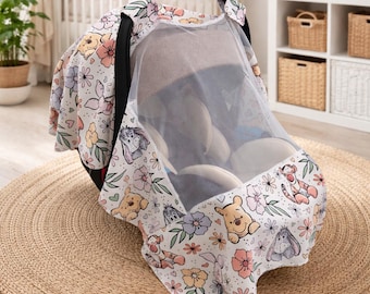 Cute Bear and Friends Baby Car Seat Cover With Mosquito Net-Baby Name Nursing Cover - infant car seat cover- Shower Gift