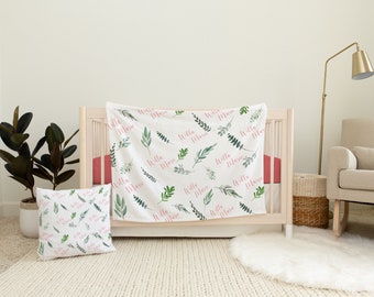 Baby Greenery Leaf Custom Baby Blanket, Custom Name Blanket, Baby Shower Gift, New Born Baby Gift