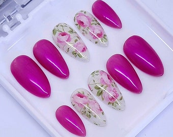 Handmade Pearly Pink Press On Nails: Rose Floral Design