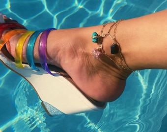 Gold Goddess Crystal Anklet, Spiritual Anklet, Goddess Jewelry, Clear Quartz, Pink tourmaline, Lapis Lazuli, Black Tourmaline, Celestite