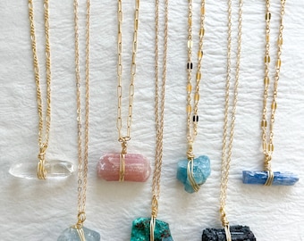 Personalized Gold Crystal Necklaces, Black tourmaline, aquamarine, Clear Quartz, Pink tourmaline, selenite, Crystals, Moldavite
