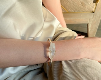 Goddess Ground Cuff, clear quartz bracelets, Gold, Clear, Healing crystals, Raw Gemstone