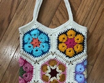 Colorful Crochet Boho Chic Granny Square Handbag Market Bag Black With ...