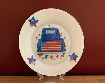 Vintage Blue truck Decoupage glass plate
