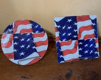 Patriotic Glass Decorative Plate / American Flag  / Decoupage