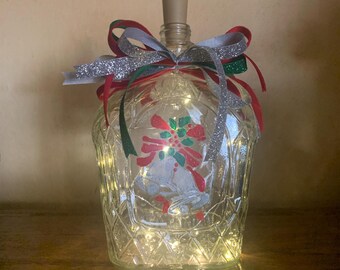 Silver Bells Painted Bottle with Fairy Lights - Christmas Decor