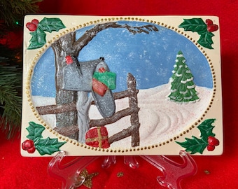 Christmas Mailbox Scenic Plate, Ceramic, Hand painted, Comes with easel