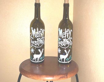 Merry Christmas Deer painted wine bottle