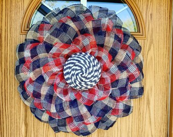 Patriotic Plaid Wreath: Red, White, and Blue Decor