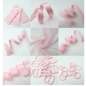 May include: Assortment of pink bra making supplies including elastic, ribbon, hooks and eyes, and rings.