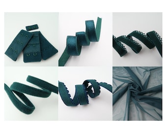 Blauwgroen beha-maakset: powermesh, picot-elastiek, bh-bandje, beugels
