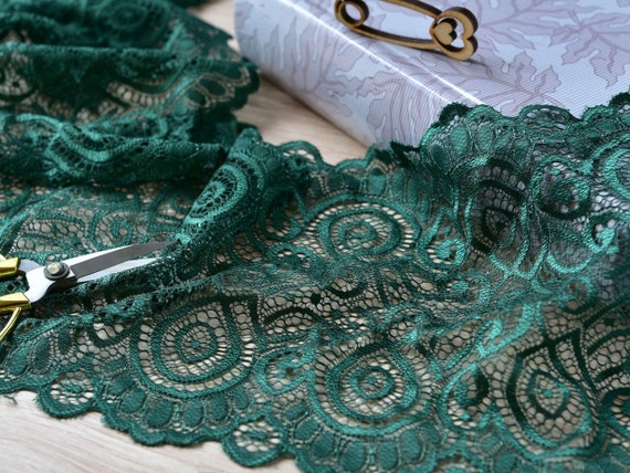 Green Stretch Lace Trim, 6.7" Wide, Lingerie & Sewing