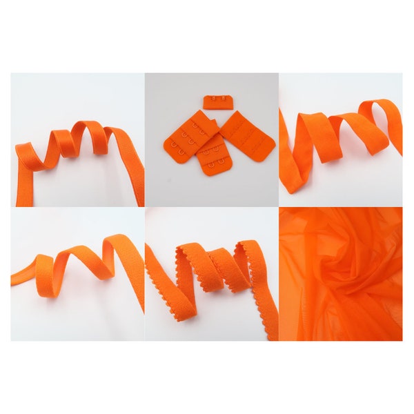 4-way stretch power mesh in orange 10 mm plush elastic Knickers elastic Solid FOE 3/8" 1 cm bra strapping Bra wire channeling Bra closures