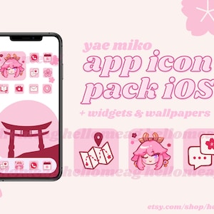 May include: A pink iOS app icon pack, showcasing a phone with custom icons and a Torii gate wallpaper. The image includes additional app icon designs and the text "yae miko app icon pack iOS + widgets & wallpapers".