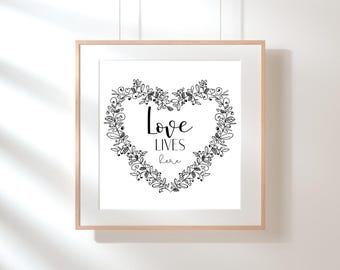 Love Lives Here Floral Heart Wreath Print: Romantic Home Decor (Digital Download)