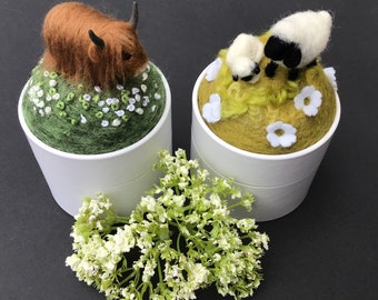 Needle Felting Sheep & Highland Cow Pin Cushion Box Kits