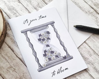 Flower Hourglass Greeting Card With Inspirational Quote, A6, Floral Illustration