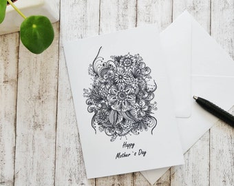 Zentangle Mother's Day Card, Flower Greeting Card, A6, Floral Illustration