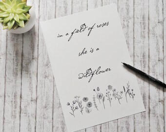 Wildflower Quote Art Print, Floral Illustration, Boho Wall Decor, A4/A5