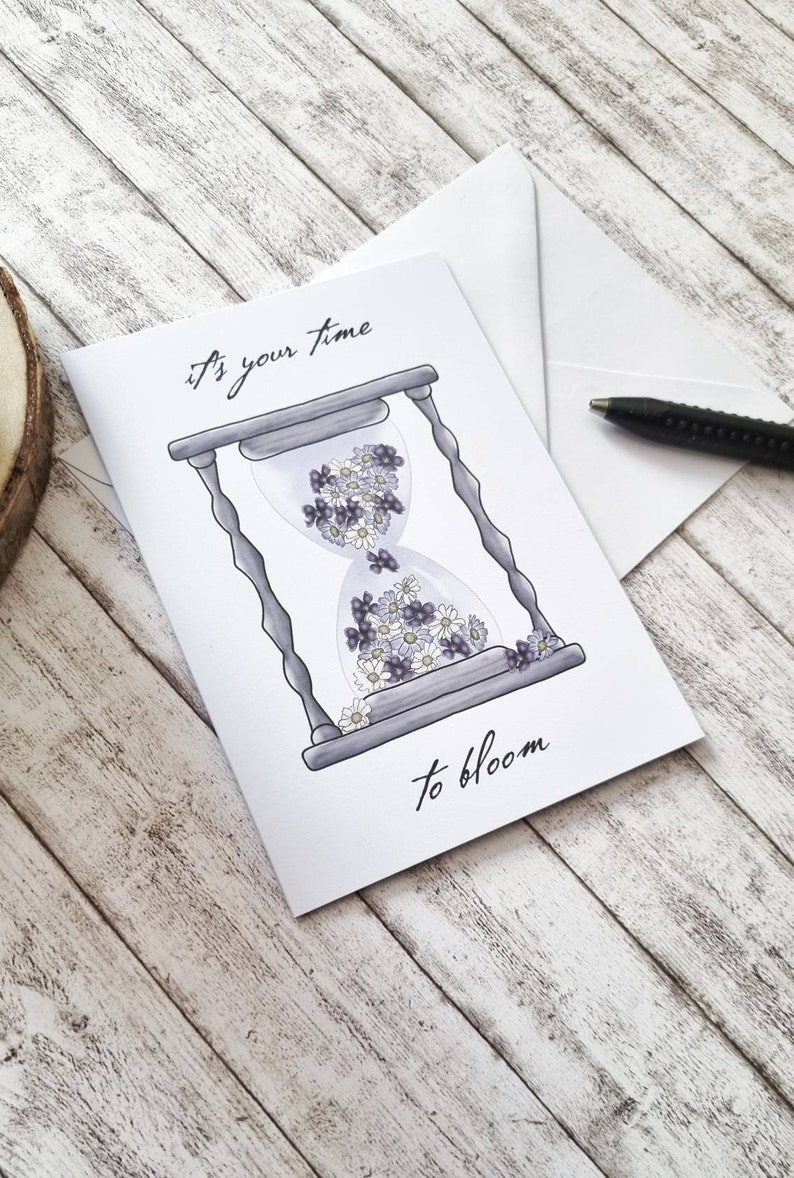 Flower Hourglass Greeting Card With Inspirational Quote, A6, Floral Illustration image 1