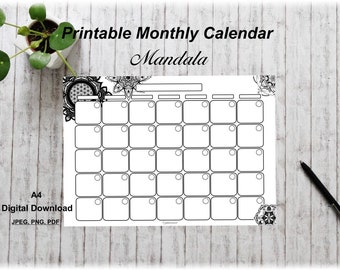 Printable Monthly Calendar, Mandala Calendar, Undated, Desk Calendar, Planner, Digital Download