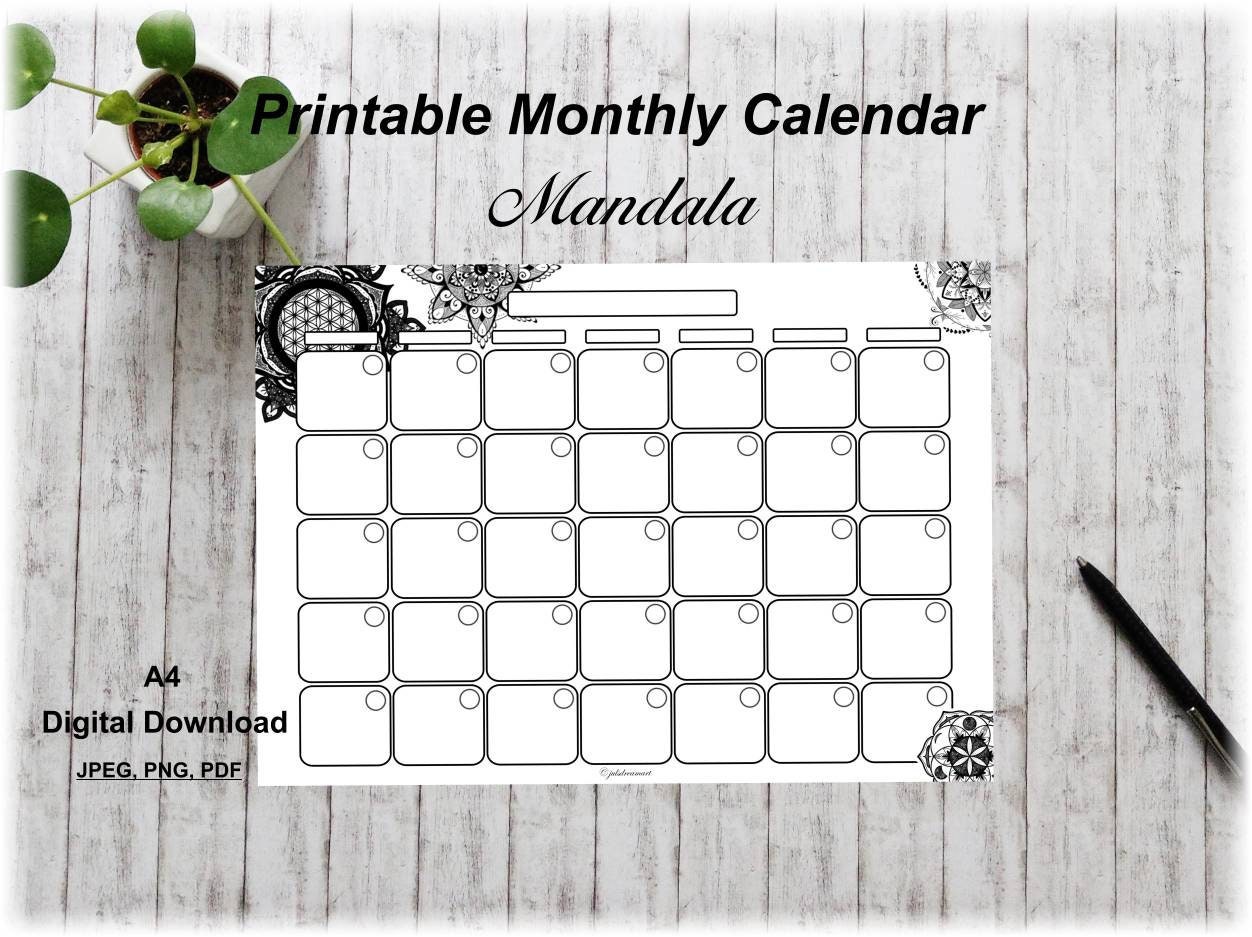 printable-monthly-calendar-mandala-calendar-undated-desk-calendar-planner-digital-download-etsy