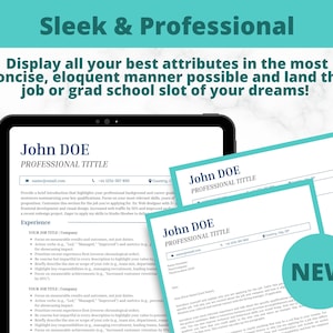 Może przedstawiać: Cyfrowy makiet szablonu CV z tekstem "Sleek & Professional" u góry. CV jest dla osoby o imieniu John Doe i zawiera tytuł zawodowy, dane kontaktowe, doświadczenie i umiejętności. CV jest zaprojektowane tak, aby było zwięzłe i łatwe do odczytania. Tekst "NEW" znajduje się w turkusowym kółku w prawym dolnym rogu obrazu.