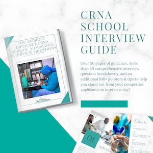 Peut inclure: Un livre intitulé "TOP 60 MOST DIFFICULT CRNA SCHOOL ADMISSIONS INTERVIEW QUESTIONS" avec une photo d'une personne en blouse. Le livre fait partie d'un "CRNA SCHOOL INTERVIEW GUIDE" avec plus de 50 pages de conseils et d'astuces d'entretien.