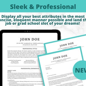 Może przedstawiać: Czarno-biały szablon CV z tekstem "Sleek & Professional" u góry. CV jest dla Johna Doe i zawiera dane kontaktowe, tytuł zawodowy, doświadczenie zawodowe i umiejętności. Tekst "NEW" znajduje się w turkusowym kółku w prawym dolnym rogu obrazu.