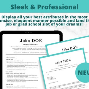 Może przedstawiać: Cyfrowy makiet szablonu CV z tekstem "Sleek & Professional" u góry. CV jest dla Johna Doe i zawiera tytuł zawodowy, doświadczenie zawodowe i dane kontaktowe. CV jest wyświetlane na tablecie. Tekst "NEW" znajduje się w turkusowym kółku po prawej stronie obrazu.