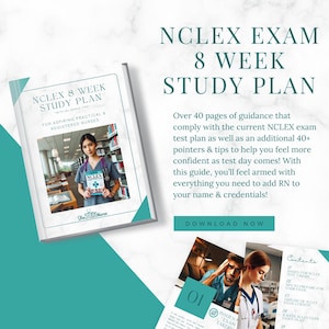 Könnte beinhalten: Ein blauer und weißer Umschlag für einen 8-wöchigen NCLEX-Prüfungsvorbereitungsplan. Der Umschlag zeigt eine Frau in einer blauen medizinischen Uniform, die ein Buch hält. Der Text auf dem Umschlag lautet "NCLEX 8 Week Study Plan" und "For Aspiring Practical & Registered Nurses".